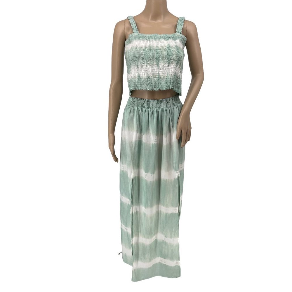 Ananta crop top maxi skirt small 2 piece set tie dye green white smocked